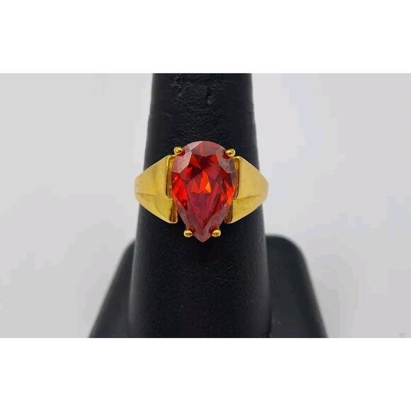 UTC Large Pear Shape Orange Citrine CZ Gold Plated Sterling Silver Ring Size 10 - Picture 3 of 5